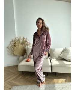 Pudra Nakışlı İnci Kadife Pijama Takım