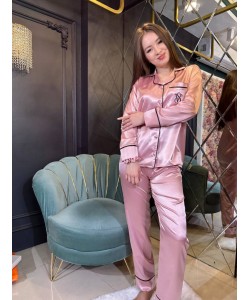 Pudra Nakışlı İpek Saten Pijama Takımı
