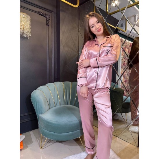 Pudra Nakışlı İpek Saten Pijama Takımı