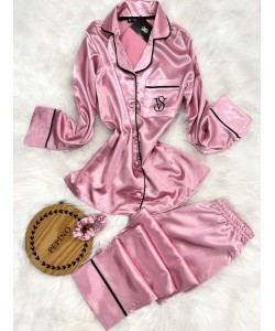 Pudra Nakışlı İpek Saten Pijama Takımı