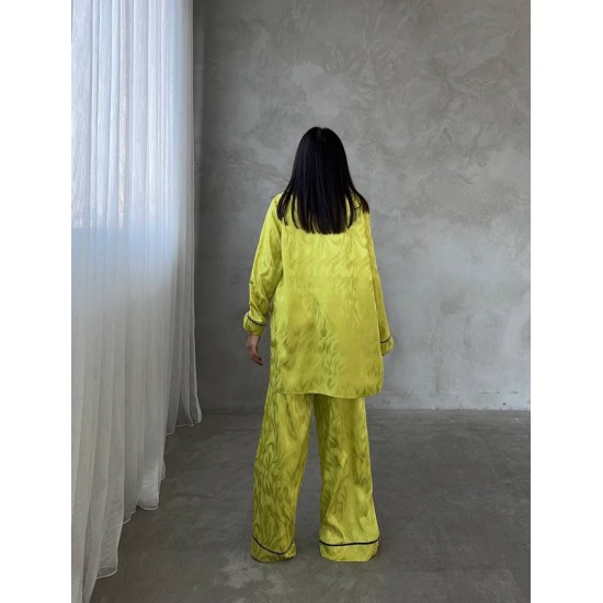 Armani Jakarlı Yağ Yeşili Saten Tunik & Pantolon & Sütyen Set