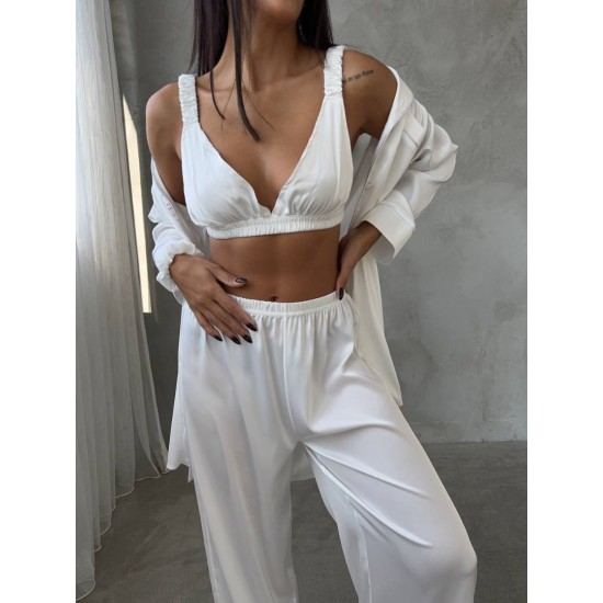 Armani Beyaz Saten Tunik & Pantolon & Sütyen Set