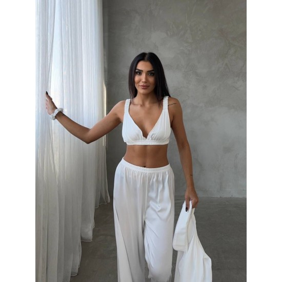 Armani Beyaz Saten Tunik & Pantolon & Sütyen Set
