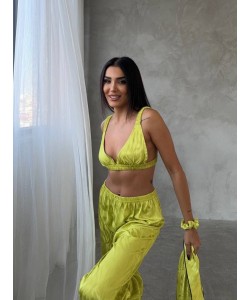 Armani Jakarlı Yağ Yeşili Saten Tunik & Pantolon & Sütyen Set