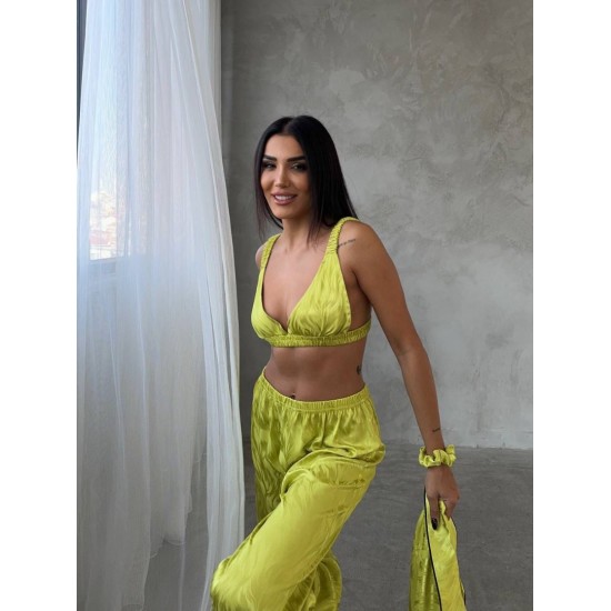 Armani Jakarlı Yağ Yeşili Saten Tunik & Pantolon & Sütyen Set
