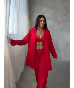Armani Kırmızı Saten Tunik & Pantolon & Sütyen Set