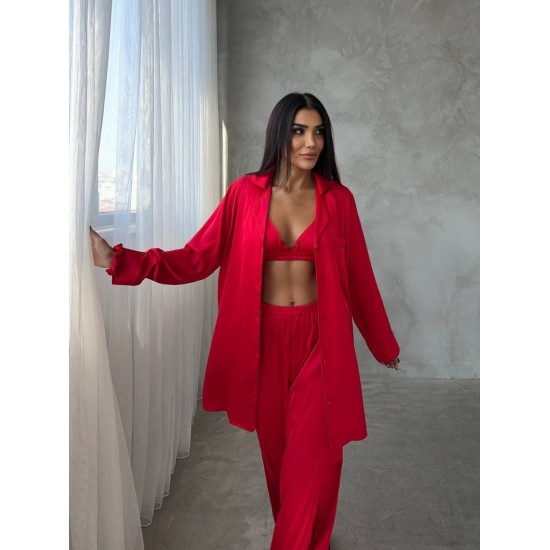 Armani Kırmızı Saten Tunik & Pantolon & Sütyen Set Armani Kırmızı Saten Tunik & Pantolon & Sütyen Set
