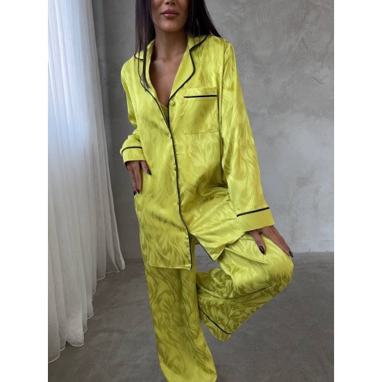 Armani Jakarlı Yağ Yeşili Saten Tunik & Pantolon & Sütyen Set