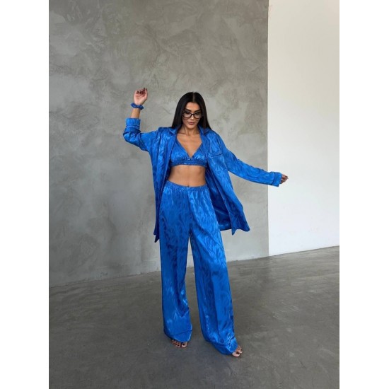 Armani Jakarlı Mavi Saten Tunik & Pantolon & Sütyen Set