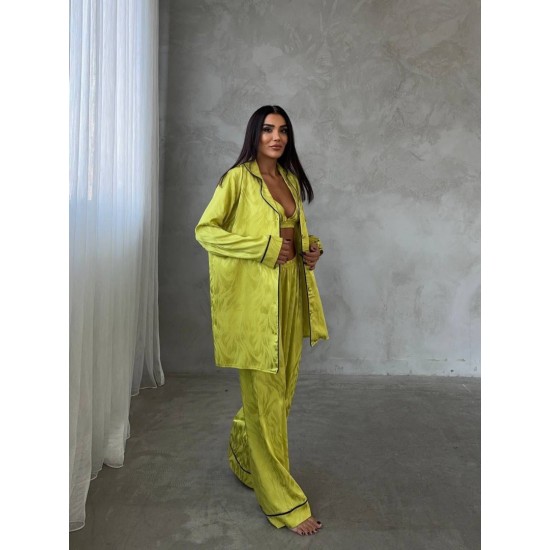 Armani Jakarlı Yağ Yeşili Saten Tunik & Pantolon & Sütyen Set