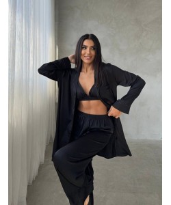 Armani Siyah Saten Tunik & Pantolon & Sütyen Set
