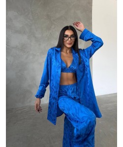 Armani Jakarlı Mavi Saten Tunik & Pantolon & Sütyen Set