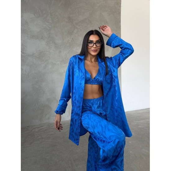 Armani Jakarlı Mavi Saten Tunik & Pantolon & Sütyen Set