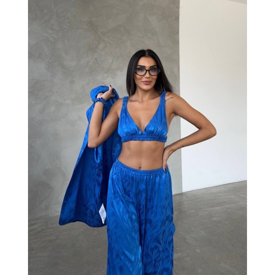 Armani Jakarlı Mavi Saten Tunik & Pantolon & Sütyen Set