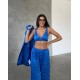 Armani Jakarlı Mavi Saten Tunik & Pantolon & Sütyen Set