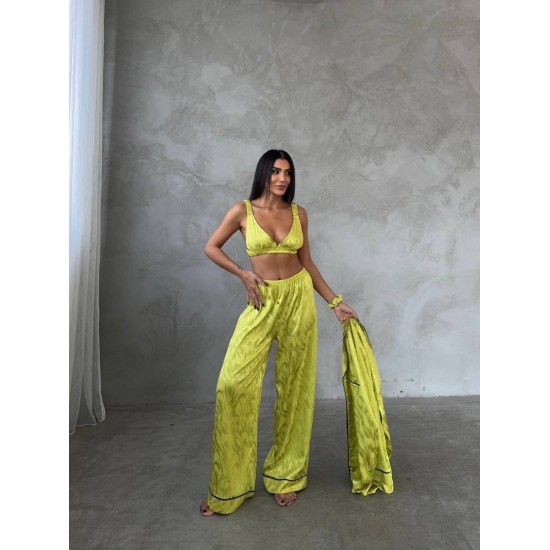 Armani Jakarlı Yağ Yeşili Saten Tunik & Pantolon & Sütyen Set