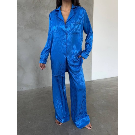 Armani Jakarlı Mavi Saten Tunik & Pantolon & Sütyen Set