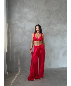 Armani Kırmızı Saten Tunik & Pantolon & Sütyen Set