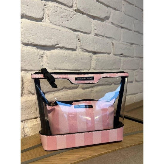 Pembe Çizgili Şeffaf 2’li Makyaj Çantası Seti Pembe Çizgili Şeffaf 2’li Makyaj Çantası Seti