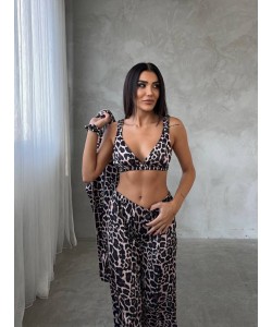 Armani Leopar Baskılı Saten Tunik & Pantolon & Sütyen Set
