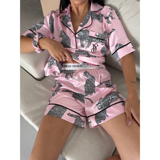 Pembe Kaplan Bel Latik İpek Saten Şort Takım