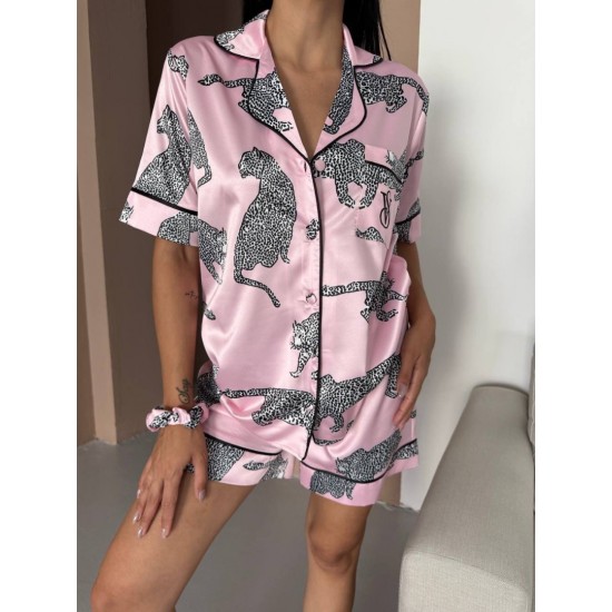 Pembe Kaplan Bel Latik İpek Saten Şort Takım