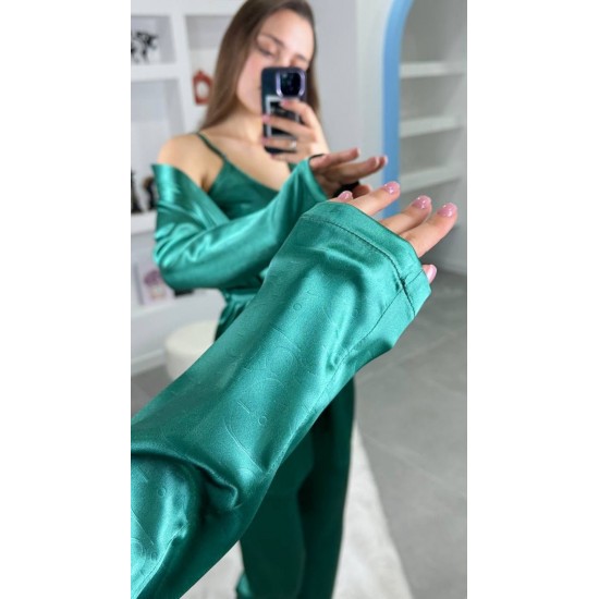 3'Lü Yeşil İpek Saten Set 