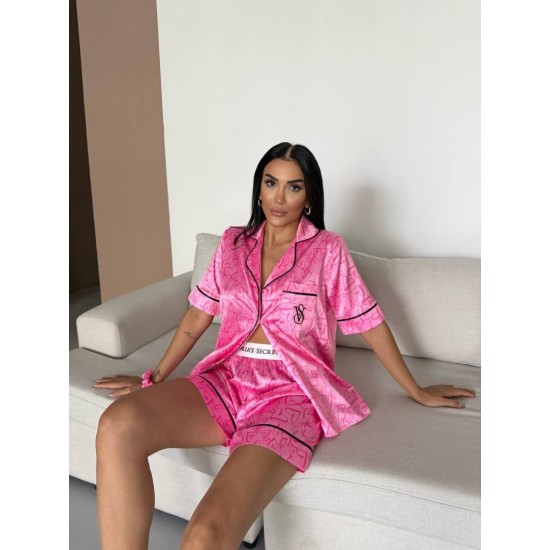 Şeker Pembe Kalp Desen Bel Latik İpek Saten Şort Takım
