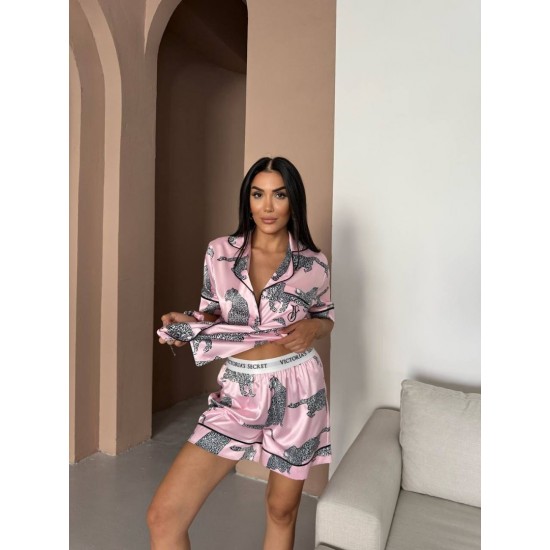 Pembe Kaplan Bel Latik İpek Saten Şort Takım