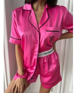 İpek Saten Bel Lastik Taş Nakış Pembe Şort Takım İpek Saten Bel Lastik Taş Nakış Pembe Şort Takım