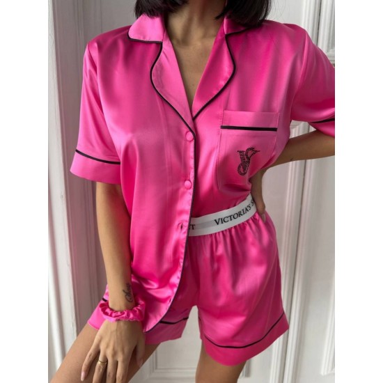 İpek Saten Bel Lastik Taş Nakış Pembe Şort Takım İpek Saten Bel Lastik Taş Nakış Pembe Şort Takım