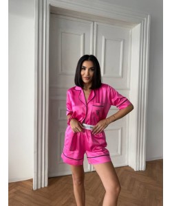 İpek Saten Bel Lastik Taş Nakış Pembe Şort Takım 