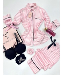 Açık Pembe Çizgili Gömlek Yaka Pijama Takımı&Siyah Taşlı Sütyen Takımı&Sprey