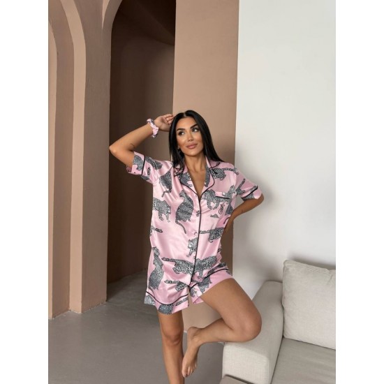 Pembe Kaplan Bel Latik İpek Saten Şort Takım