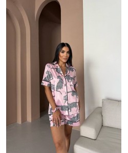 Pembe Kaplan Bel Latik İpek Saten Şort Takım