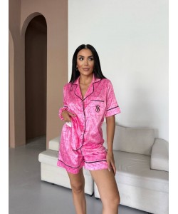 Şeker Pembe Kalp Desen Bel Latik İpek Saten Şort Takım