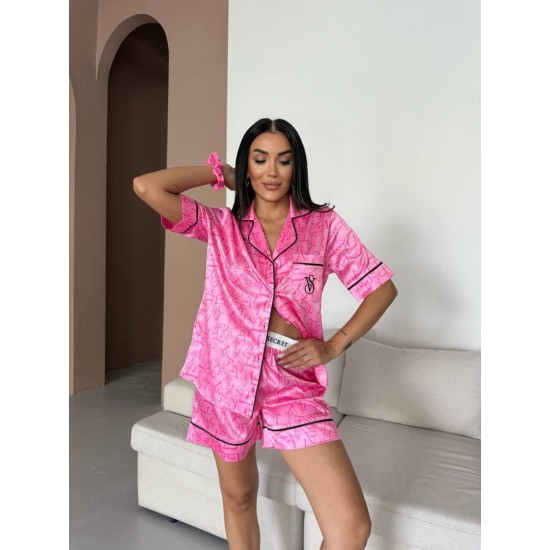 Şeker Pembe Kalp Desen Bel Latik İpek Saten Şort Takım