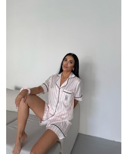 İpek Saten Bel Lastik Taş Nakış Pembe Çizgili Takım