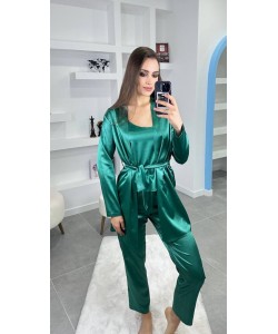 3'Lü Yeşil İpek Saten Set 