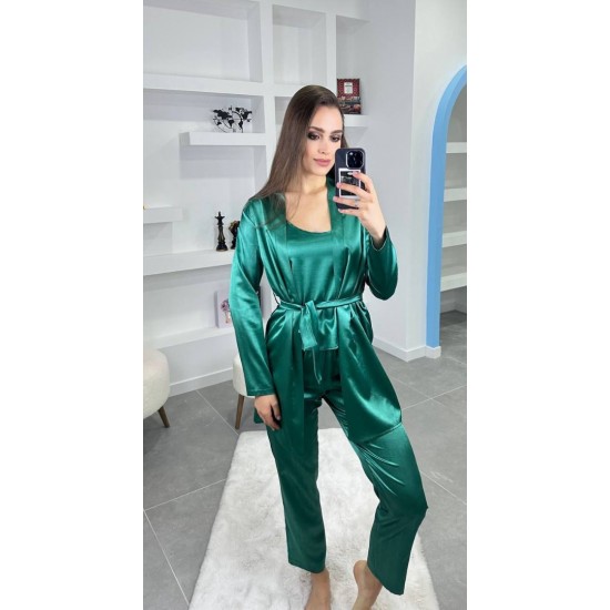 3'Lü Yeşil İpek Saten Set 