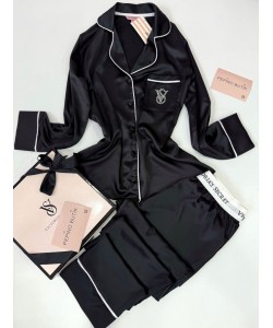 Vs Siyah Taş Nakış İpek Saten Pijama Takımı