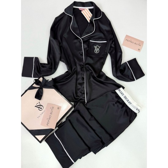 Vs Siyah Taş Nakış İpek Saten Pijama Takımı Vs Siyah Taş Nakış İpek Saten Pijama Takımı