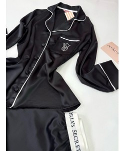 Vs Siyah Taş Nakış İpek Saten Pijama Takımı