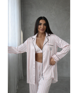 Açık Pembe Çizgili Armani İpek Saten 3’lü Büstiyer Set 