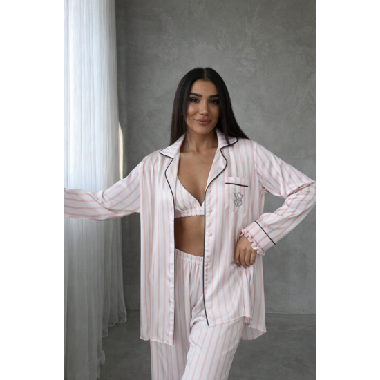 Açık Pembe Çizgili Armani İpek Saten 3’lü Büstiyer Set Açık Pembe Çizgili Armani İpek Saten 3’lü Büstiyer Set