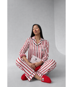 Kırmızı Beyaz Çizgili Armani İpek Saten Pijama Takımı