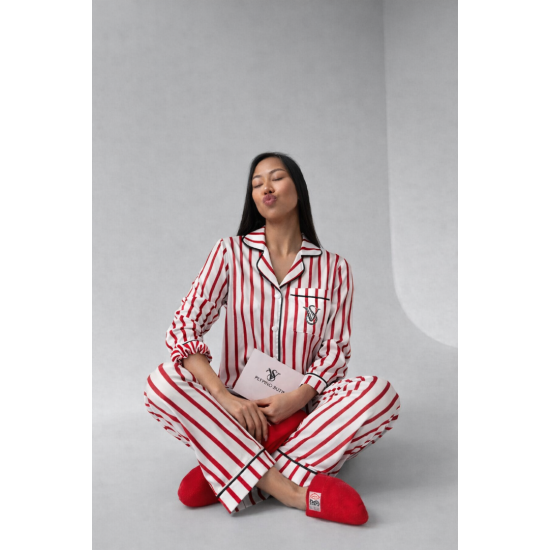 Kırmızı Beyaz Çizgili Armani İpek Saten Pijama Takımı Kırmızı Beyaz Çizgili Armani İpek Saten Pijama Takımı