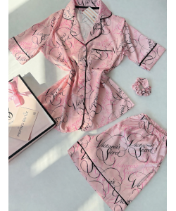 Pembe İpek Saten Desenli Şort Takım