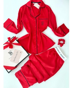 Vs İpek Saten Taş Nakış Bel Lastik Kırmızı Pijama Takımı 