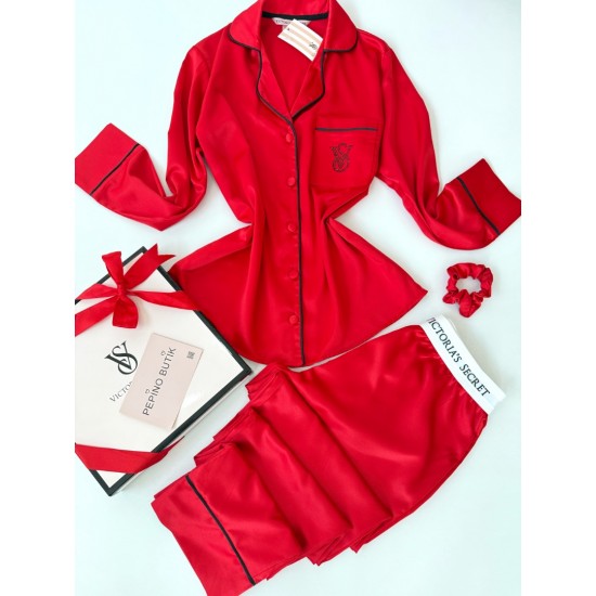Vs İpek Saten Taş Nakış Bel Lastik Kırmızı Pijama Takımı Vs İpek Saten Taş Nakış Bel Lastik Kırmızı Pijama Takımı